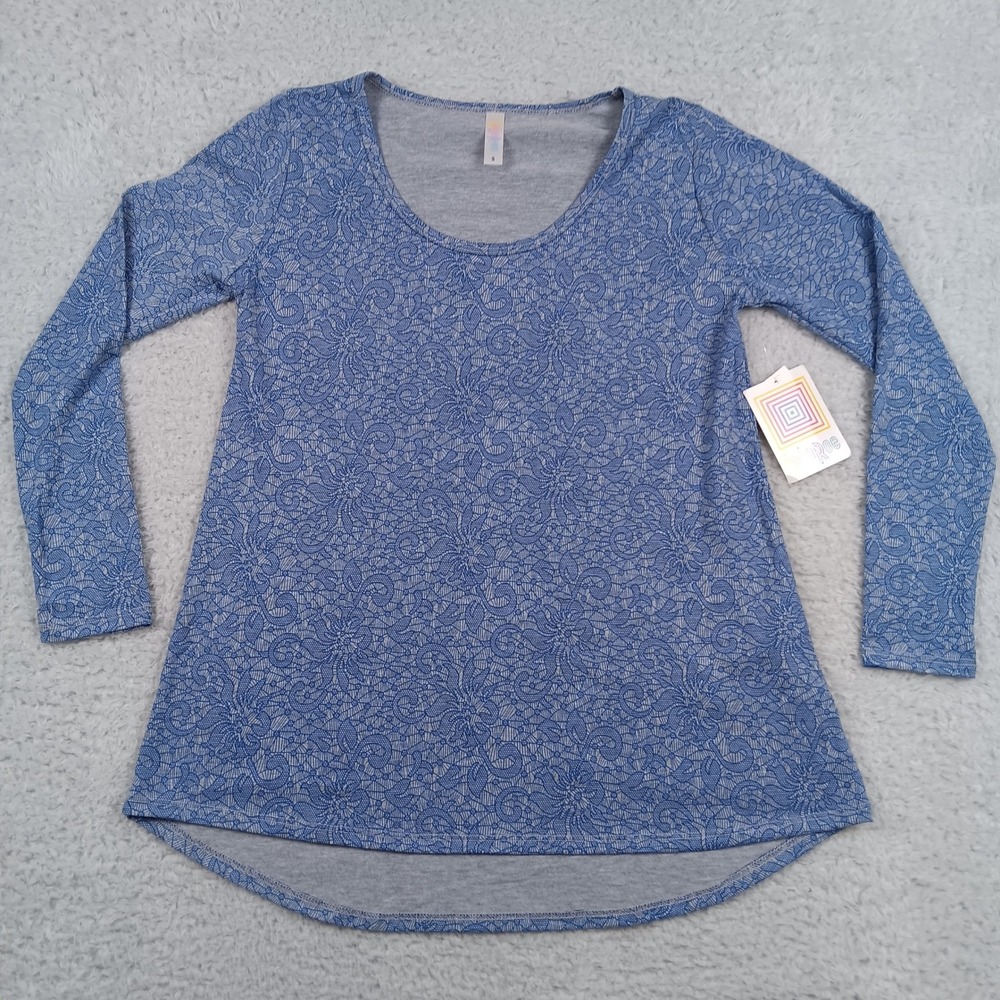 LuLaRoe Top Lynnae Womens S Blue Lace Print Long Sleeve Scoop Neck High-Low Hem